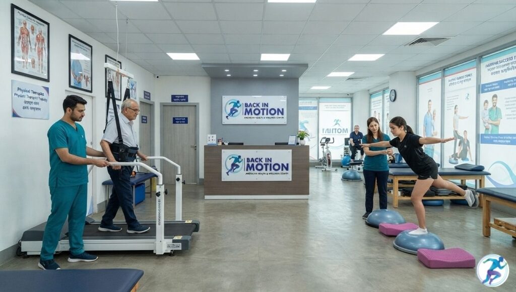 Wide-angle view of the active Back in Motion rehabilitation clinic in Dhaka, featuring physical therapists assisting patients with treadmill gait training and balance exercises.