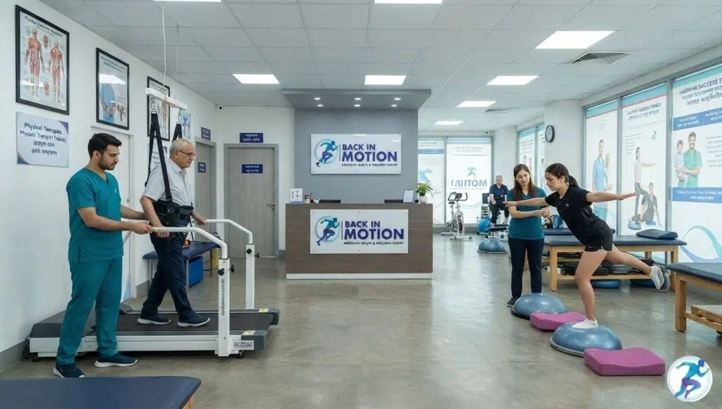 Wide-angle view of the active Back in Motion rehabilitation clinic in Dhaka, featuring physical therapists assisting patients with treadmill gait training and balance exercises.
