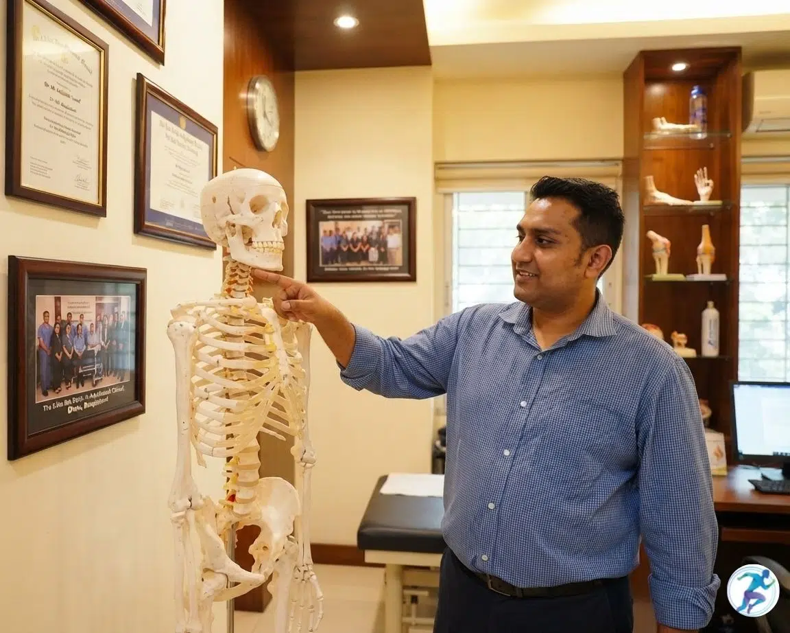 Dr. Md. Abdullah Yousuf, Chief Medical Consultant, pointing to a human skeleton model to explain joint and spine anatomy inside a Back in Motion clinic room in Physiotherapy Center near me in Dhaka.