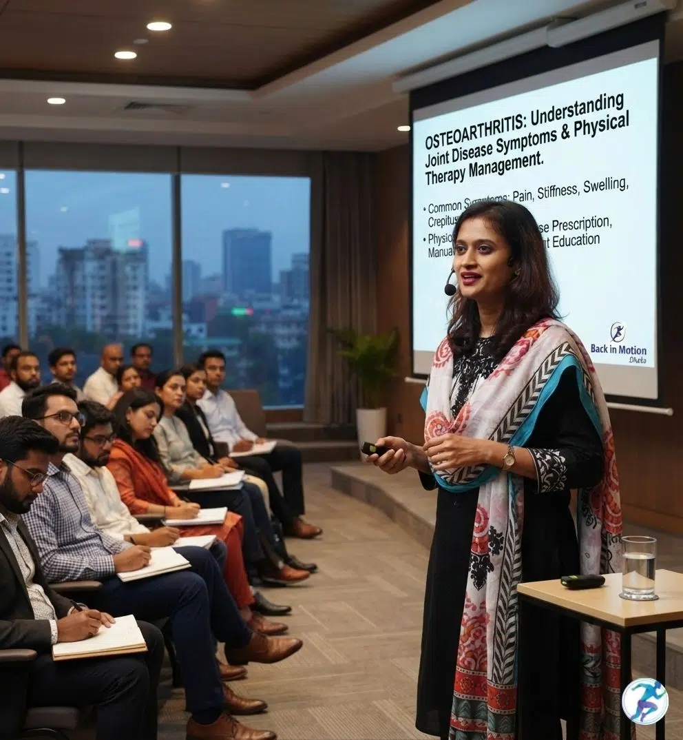 Dr. Tazia Sardar giving a medical presentation on osteoarthritis joint disease symptoms and physical therapy management to an audience in Dhaka.