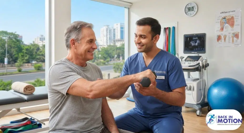 Professional physiotherapy consultation and rehabilitation session in a modern clinic in Dhaka.