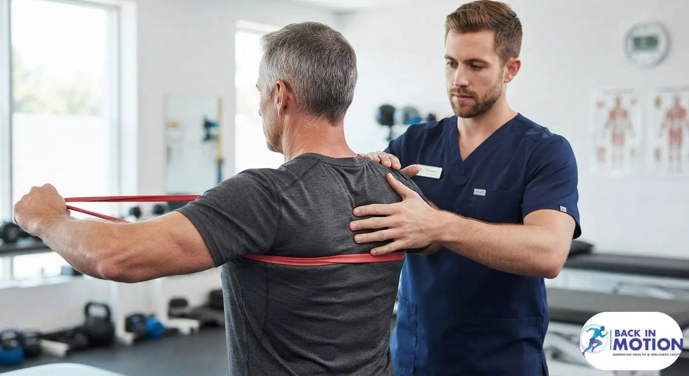 Patient performing scapular retraction exercises under professional guidance at a physiotherapy clinic.