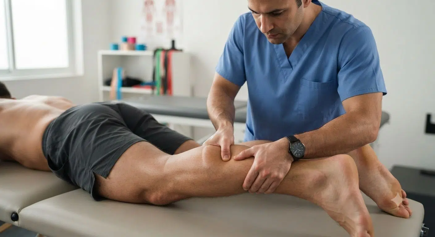 Manual therapy treatment for an athlete at a physiotherapy center in Dhaka.