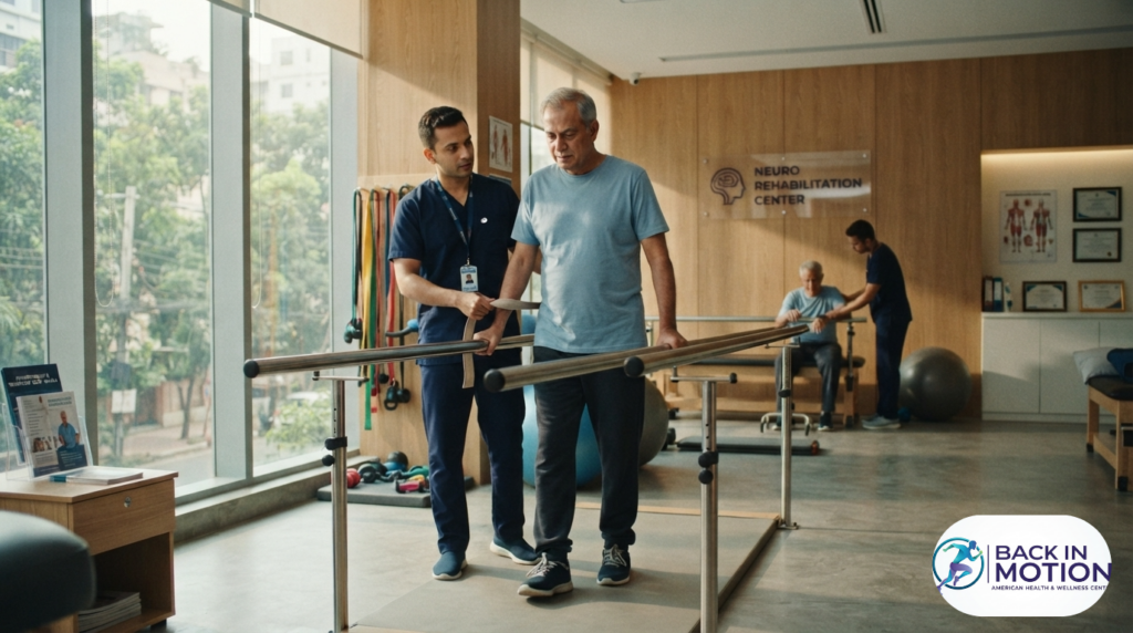 Expert neuro-rehabilitation and stroke recovery session at Back in Motion clinic in Gulshan, Dhaka.