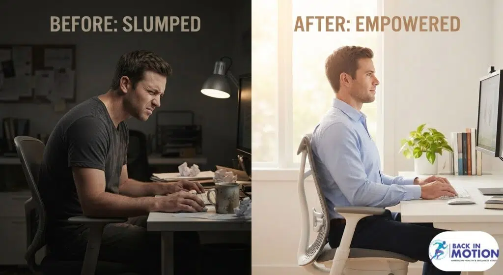 Comparison of poor sitting posture vs. correct posture with a physiotherapist in Dhaka.