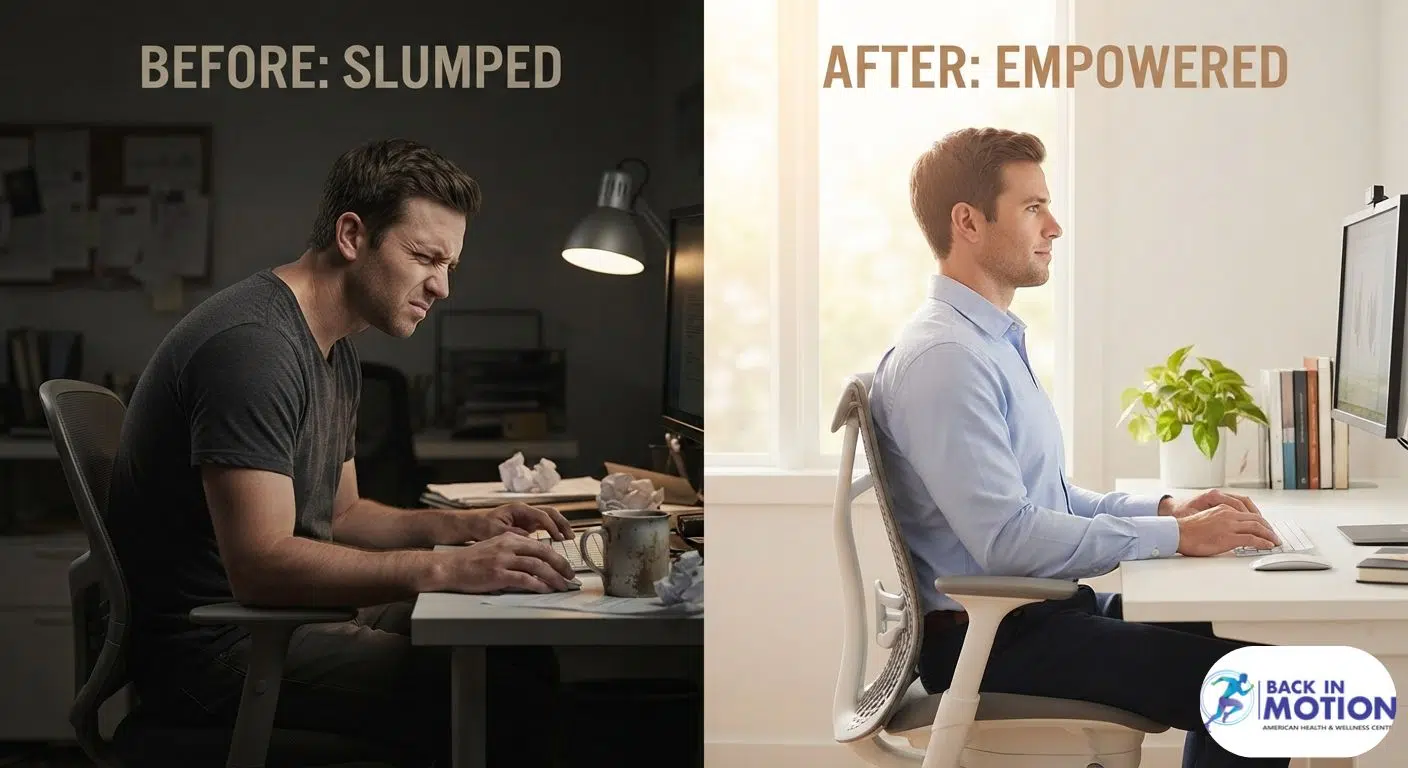 Comparison of poor sitting posture vs. correct posture with a physiotherapist in Dhaka.
