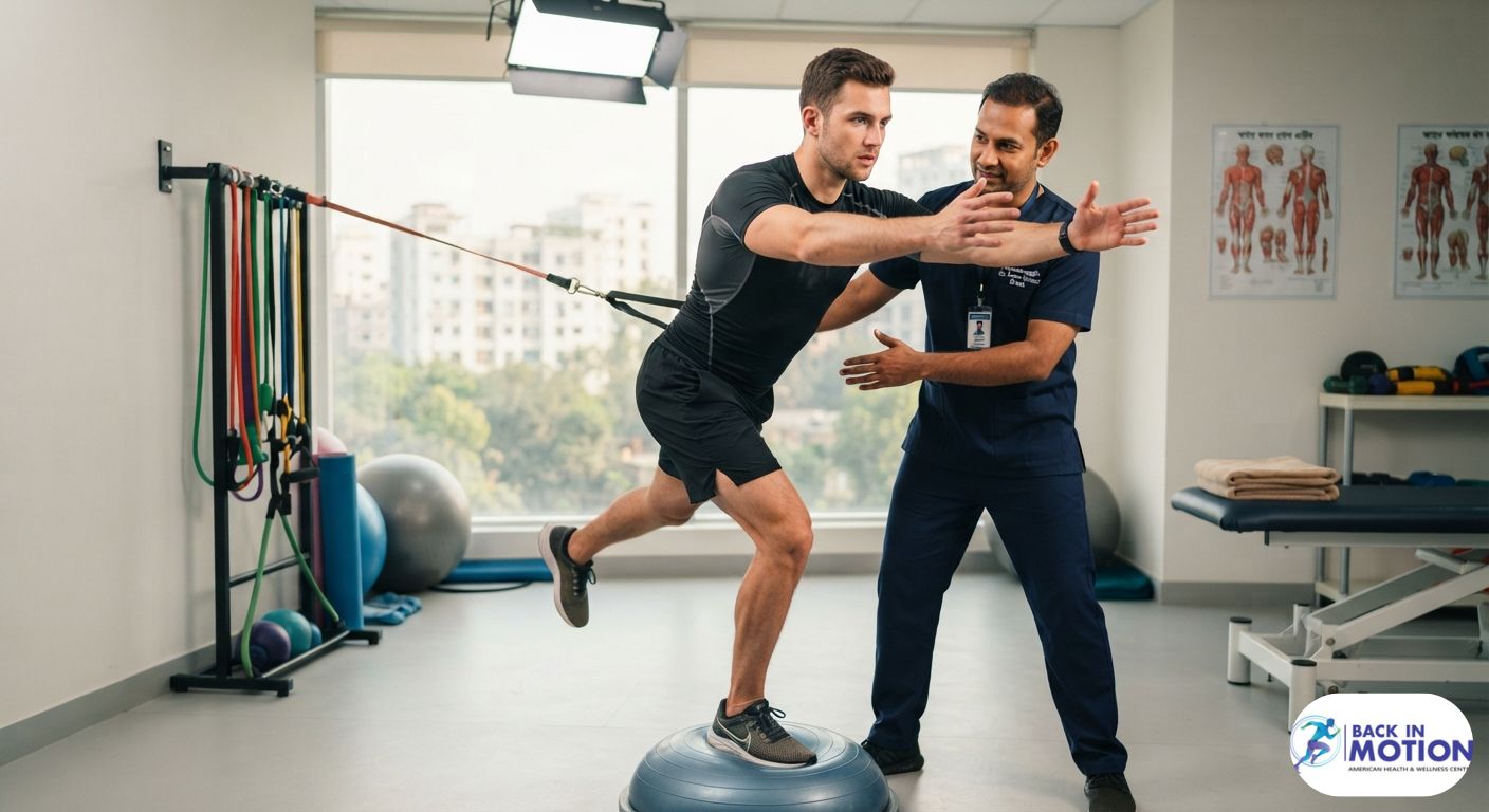 Professional sports physiotherapy rehabilitation session at a leading physiotherapy center in Dhaka.