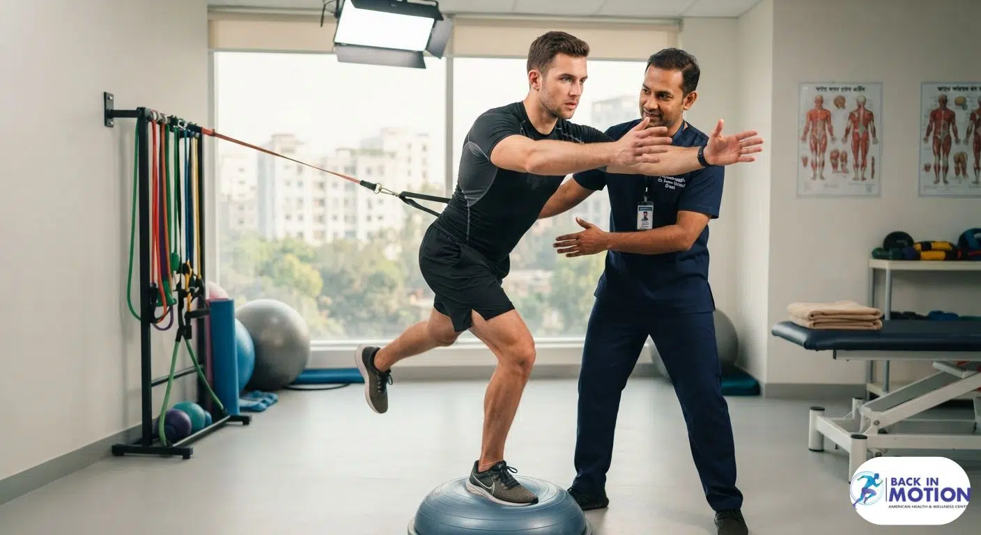 Professional sports physiotherapy rehabilitation session at a leading physiotherapy center in Dhaka.