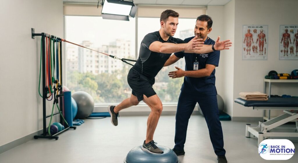 Professional sports physiotherapy rehabilitation session at a leading physiotherapy center in Dhaka.