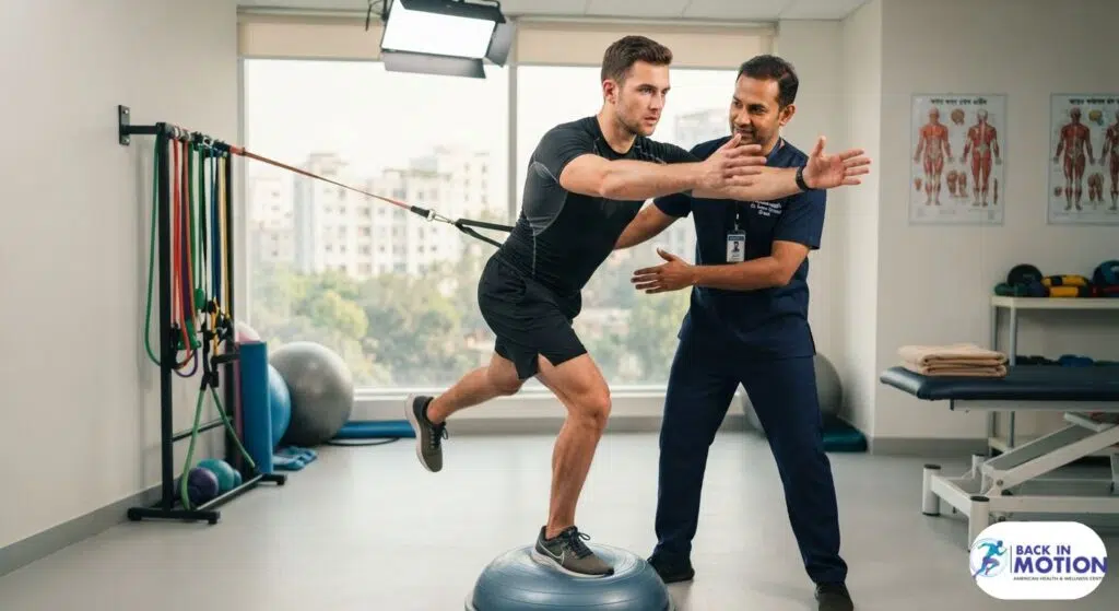 Professional sports physiotherapy rehabilitation session at a leading physiotherapy center in Dhaka.