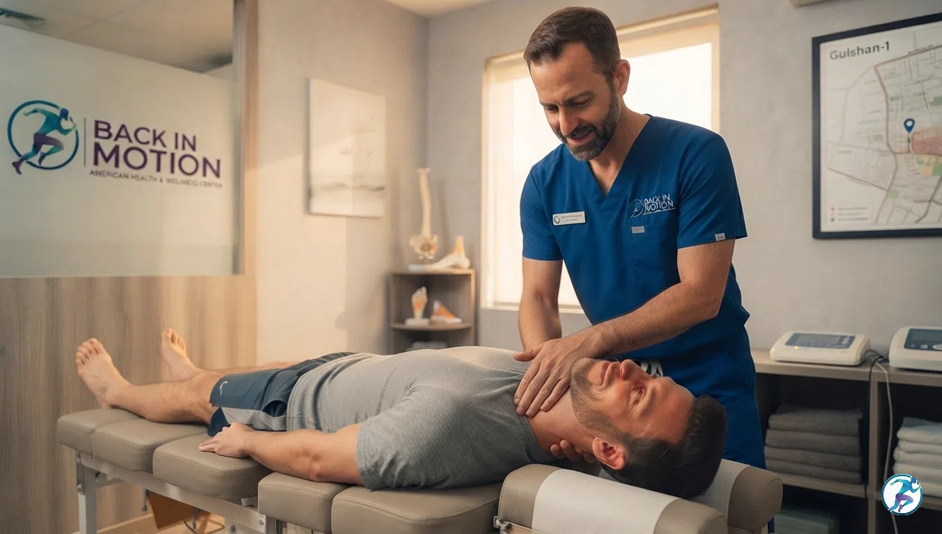 Expert physical therapist performing hands-on manual therapy at Back in Motion, the leading physiotherapy center in Gulshan-1, Dhaka.