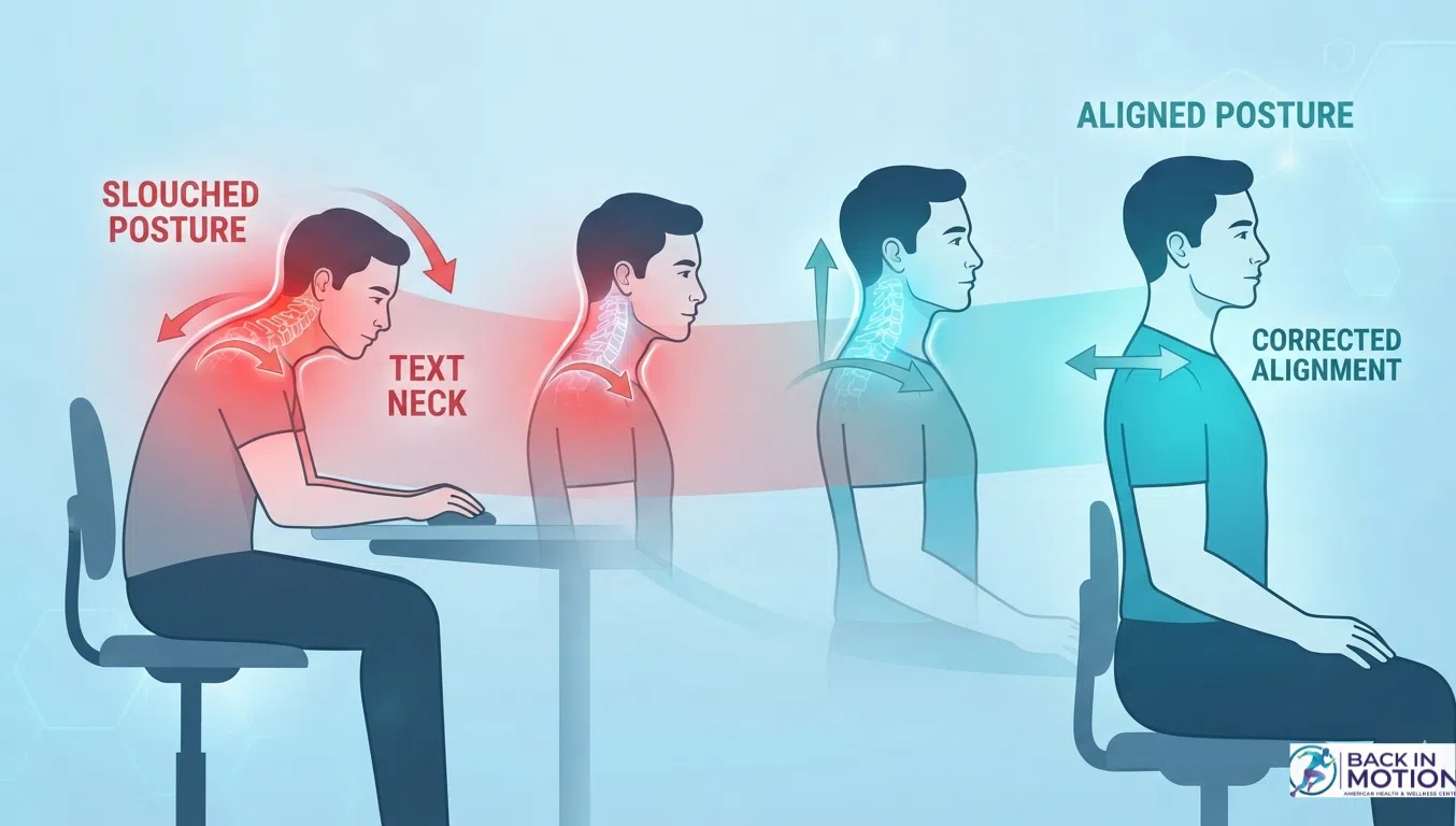 Animated clinical demonstration and ergonomic workstation alignment for cervical spondylosis treatment at Back in Motion in Dhaka.