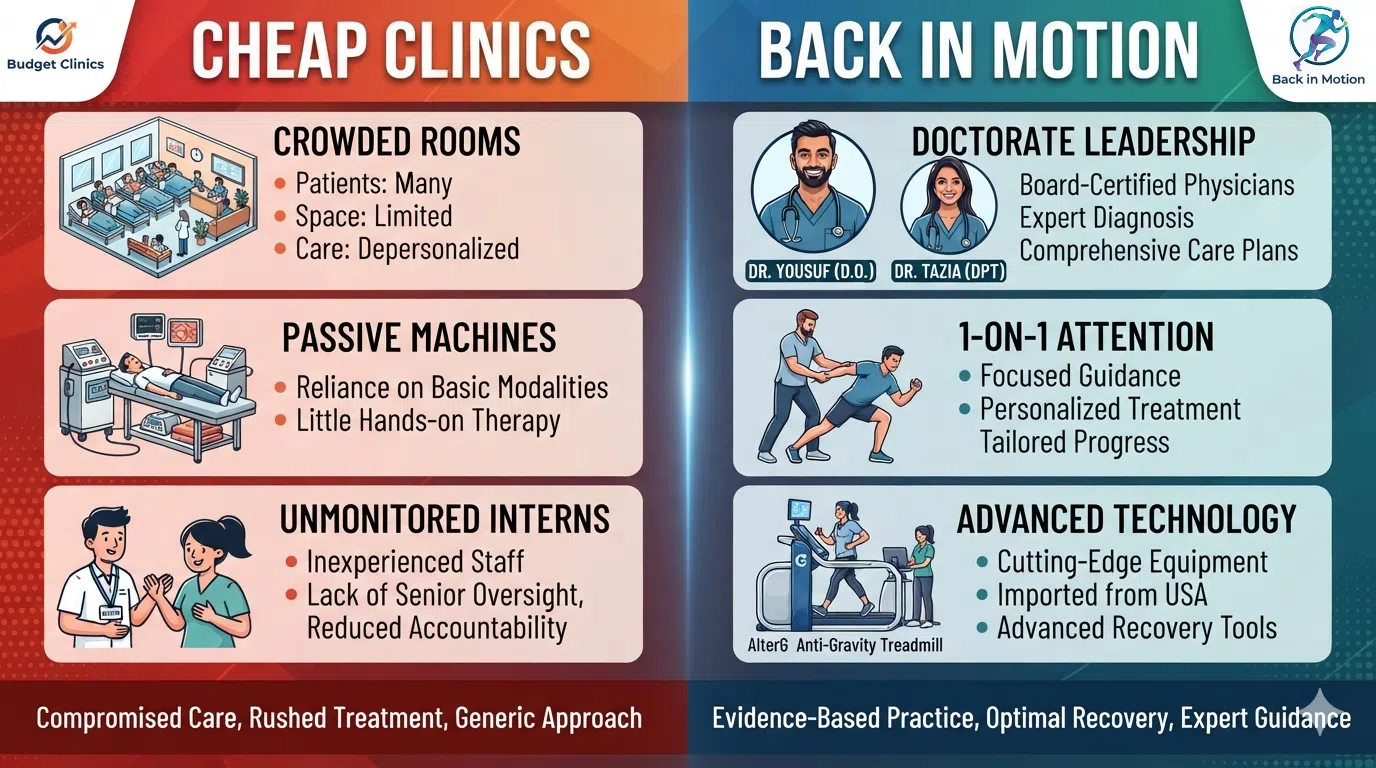Infographic comparing cheap traditional physiotherapy clinics with Back in Motion U.S.-standard care in Dhaka