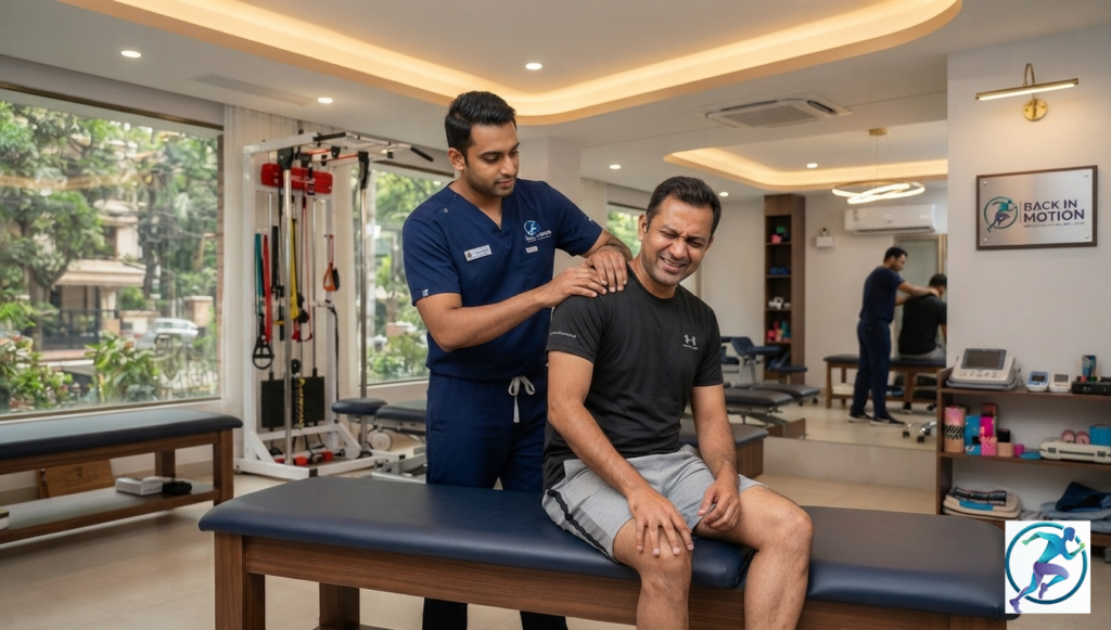 rofessional physical therapist conducting active manual therapy with a patient at Back in Motion physiotherapy center in Gulshan-1, Dhaka.