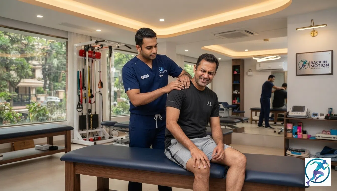 rofessional physical therapist conducting active manual therapy with a patient at Back in Motion physiotherapy center in Gulshan-1, Dhaka.