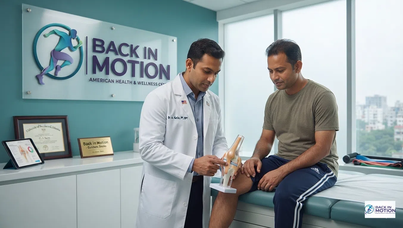 U.S.-trained specialist evaluating joint mobility and conducting knee osteoarthritis treatment in a private clinical suite at Back in Motion, Dhaka.