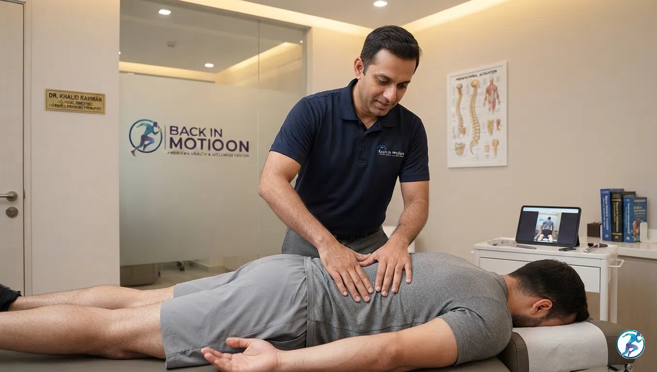 Expert physical therapist conducting a spine and joint assessment during a musculoskeletal physiotherapy session at Back in Motion in Gulshan-1, Dhaka.
