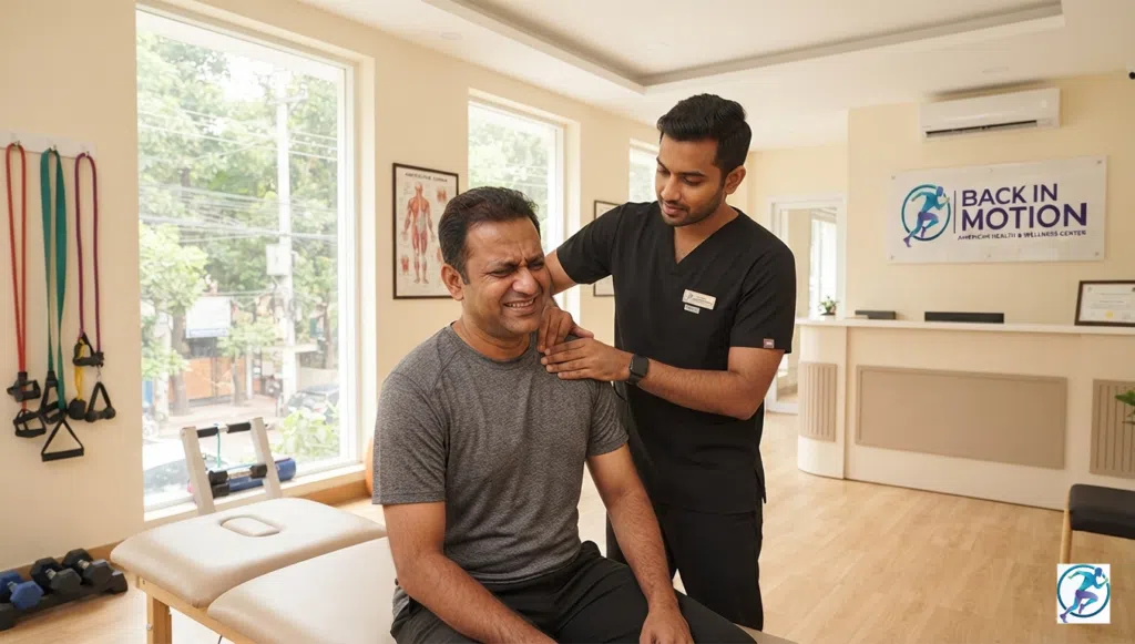 Professional physical therapist guiding a patient through active manual therapy at Back in Motion in Dhaka