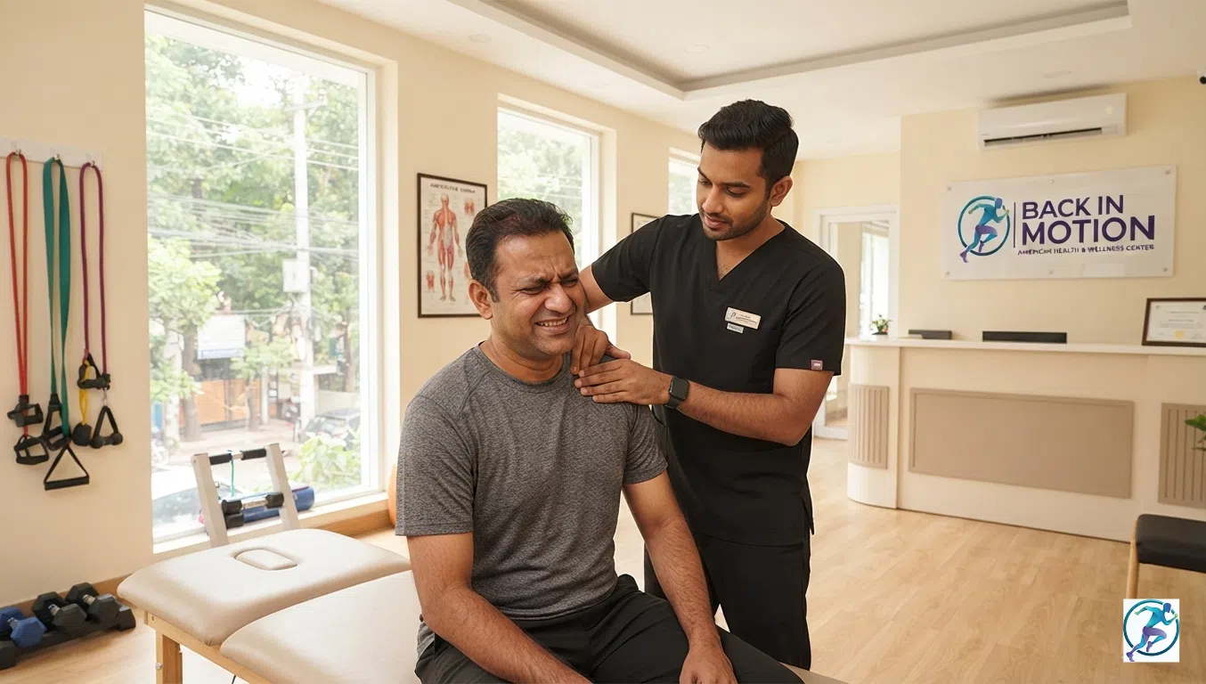 Professional physical therapist guiding a patient through active manual therapy at Back in Motion in Dhaka