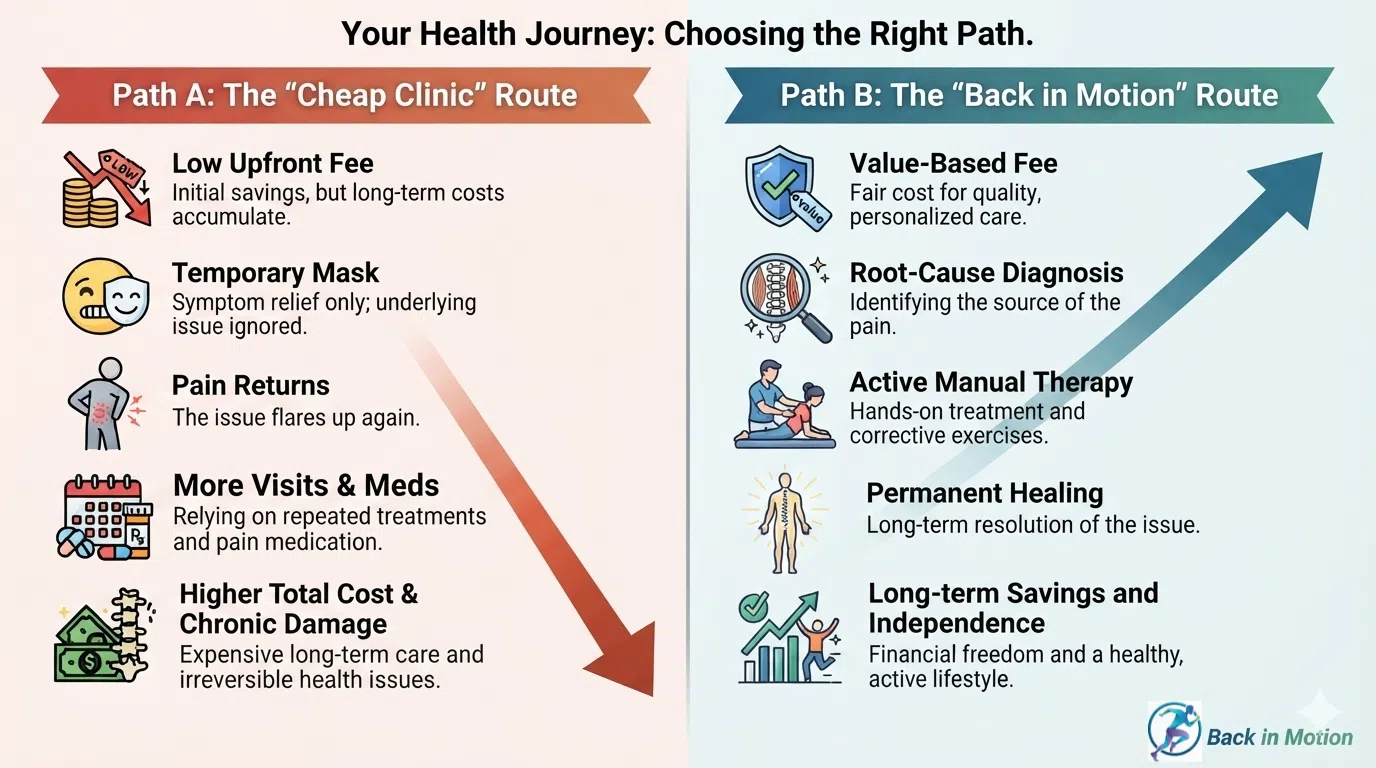 Infographic illustrating why cheap physiotherapy costs more in the long run due to repeated visits and unmasked symptoms