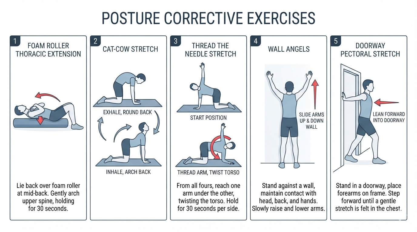 5-step infographic showing foam roller extension, cat-cow stretch, thread the needle, wall angels, and doorway stretch