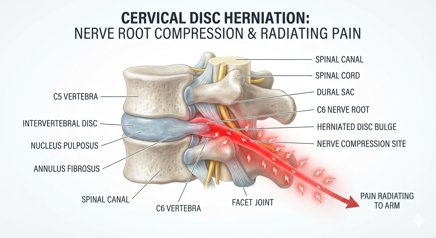 Diagram of a cervical disc herniation pressing against a nerve root, causing lower neck and arm pain.