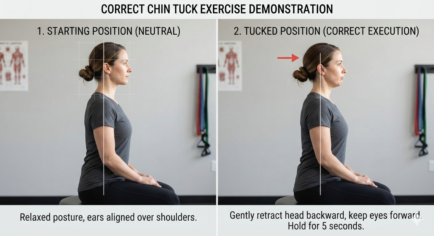 Step-by-step demonstration of a patient performing a chin tuck exercise to strengthen deep neck flexors.