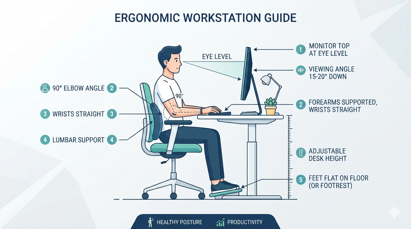 Ergonomic workstation guide graphic illustrating proper screen height, armrest positioning, and lumbar support