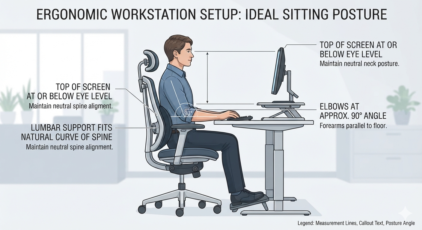 Correct ergonomic workstation layout showing proper screen height and chair alignment to avoid neck strain.