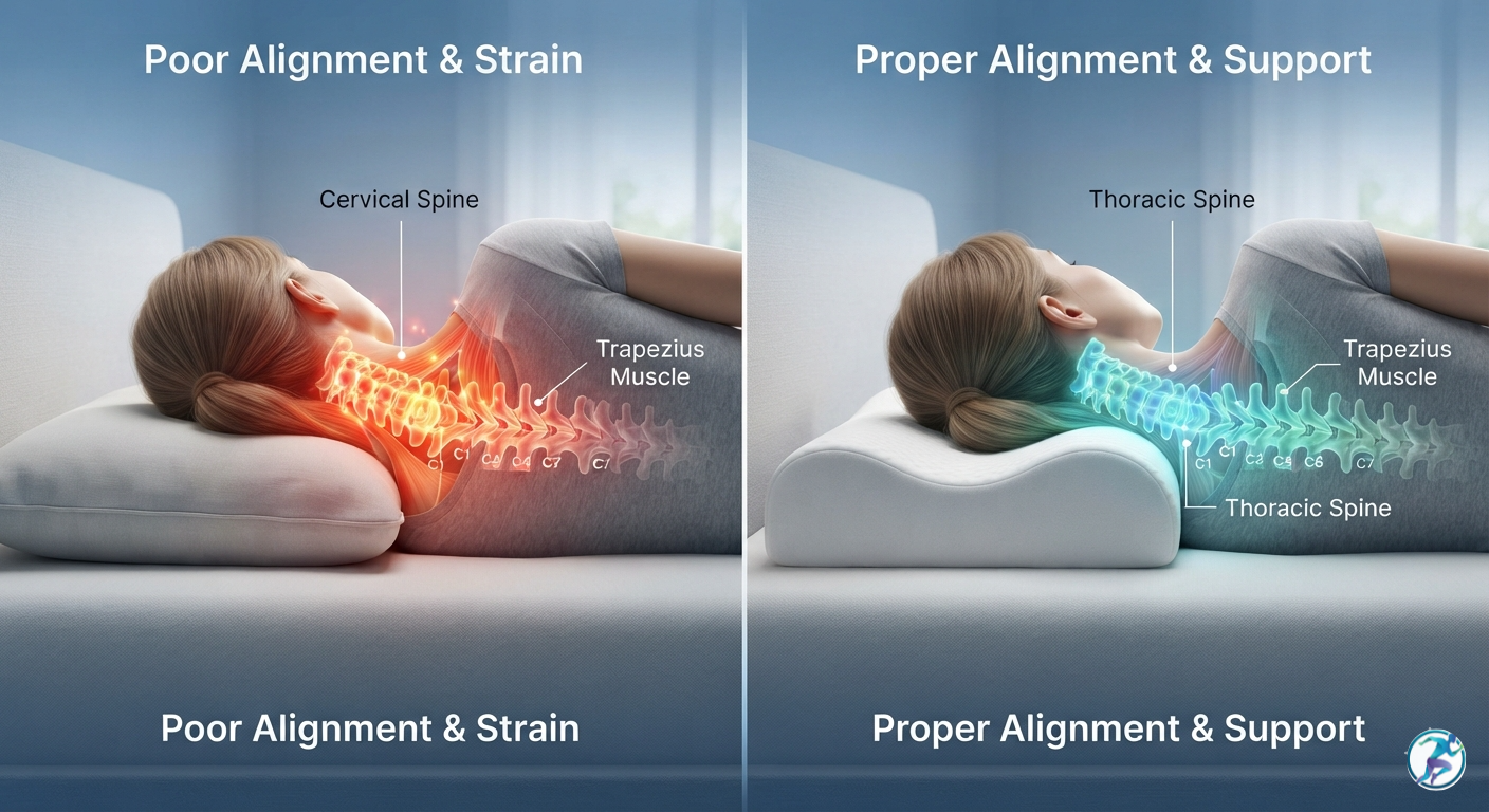 3D medical illustration showing proper versus improper cervical spine alignment while sleeping to prevent acute neck pain.