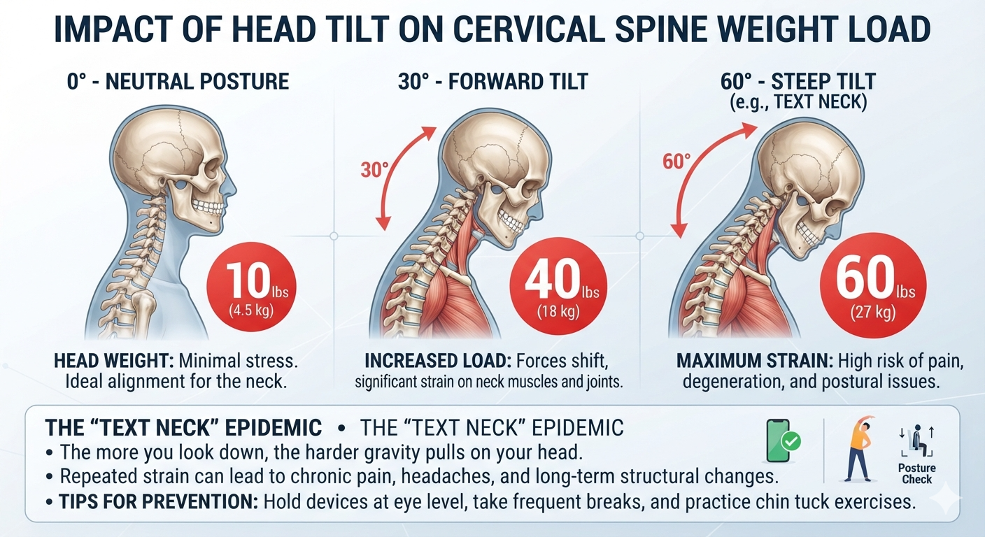 Vector graphic displaying how forward head posture increases weight strain on the cervical vertebrae.