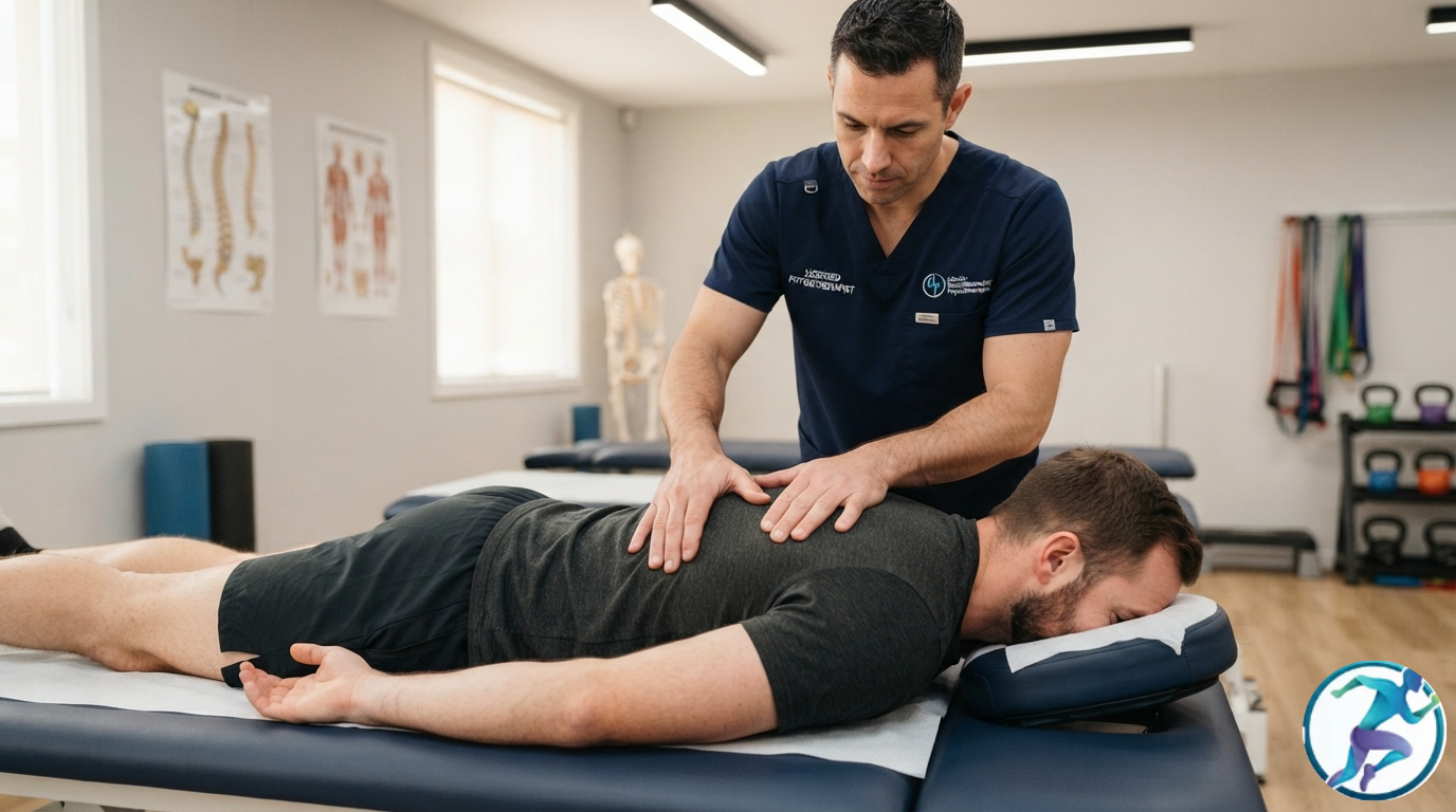 Licensed physiotherapist performing hands-on thoracic spine joint mobilization on a patient