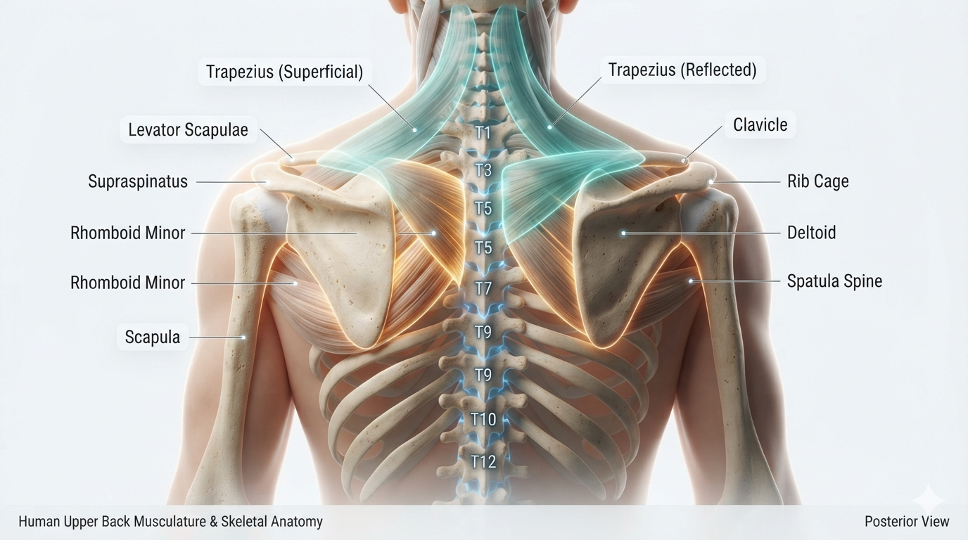 3D medical anatomy diagram showing the thoracic spine T1-T12, scapulae, and rhomboid muscles