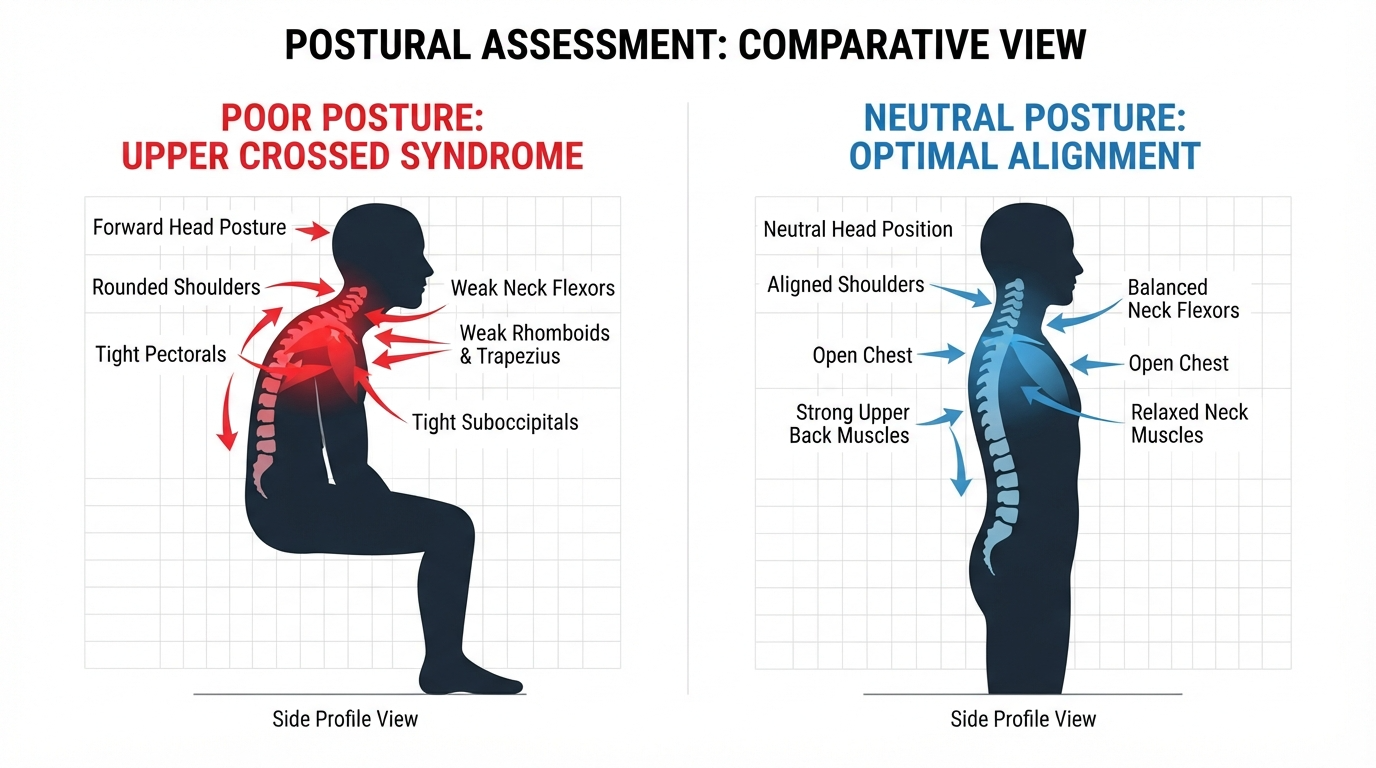 Side-by-side diagram comparing Upper Crossed Syndrome slouched posture with correct neutral spinal posture